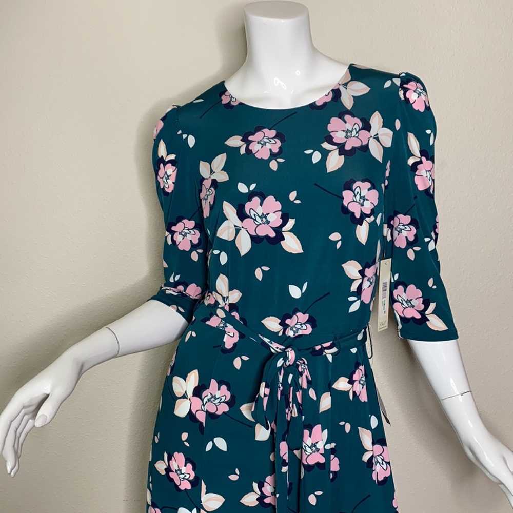Eliza J 3/4 Sleeve Floral Midi Dress, Green, Sz 8